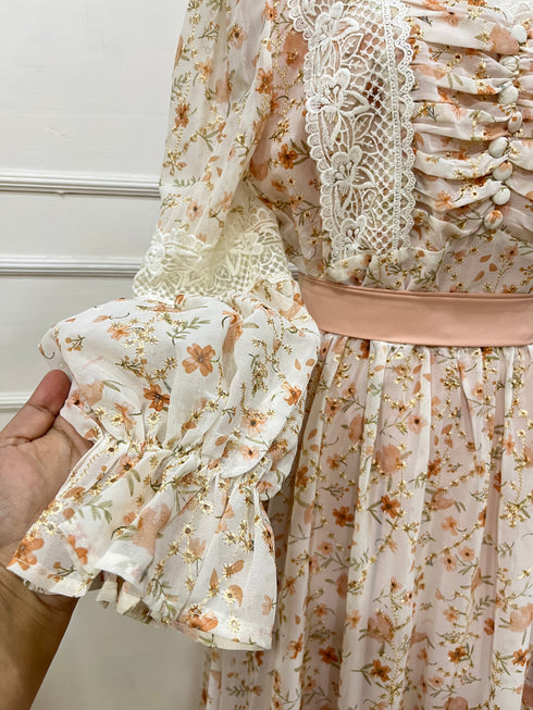 Floral Print Patchwork Embroidered Lacey Long Dress